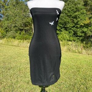 Y2K GoGo Girls Black Embroidered Butterfly Strapless Medium Short Bodycon Dress